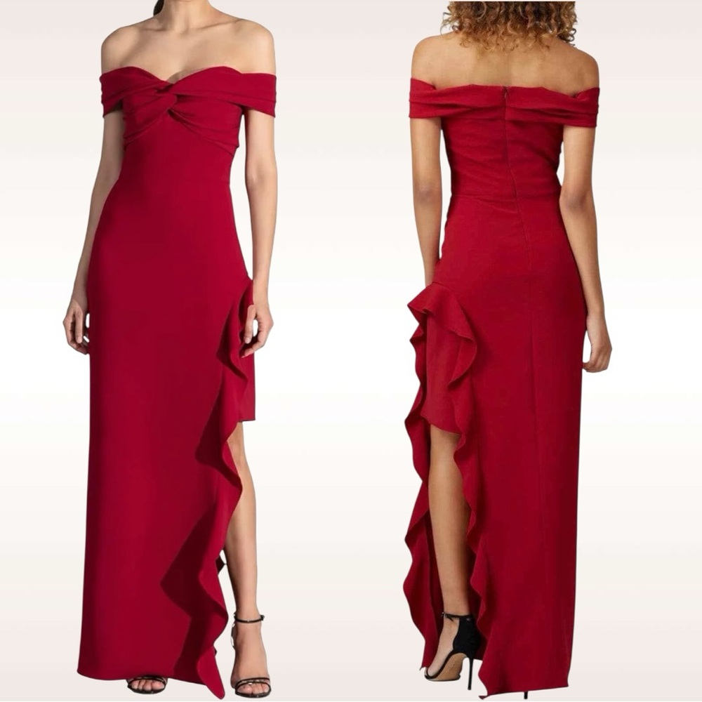 Shoshanna Midnight Solid Redd Wells Off the Shoulder Ruffle Cocktail Gown Size 6 - Picture 5 of 14